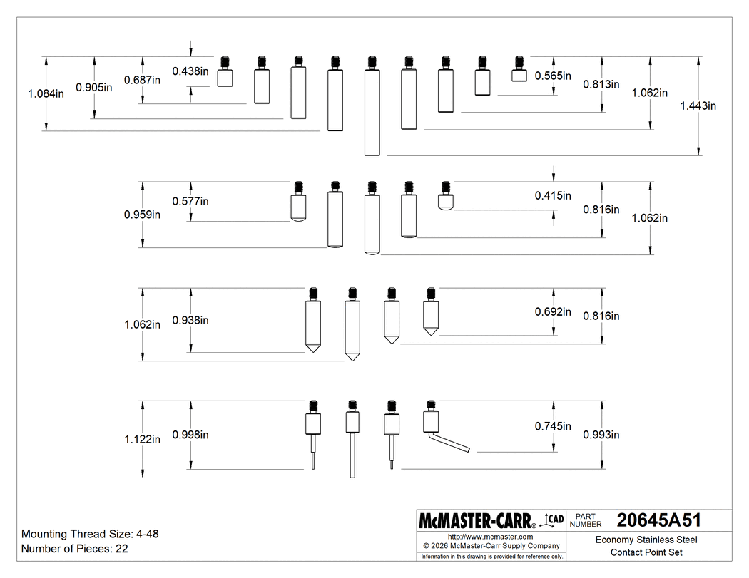Technical Drawing of Economy Stainless Steel Contact Point Set, for Plunger-Style Variance Indicators, 22 Pieces.